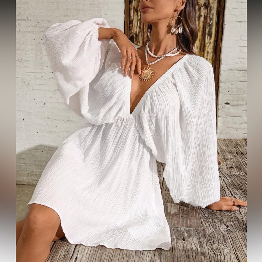 Elegant White Deep V Neck Ballon Sleeves Mini Dress